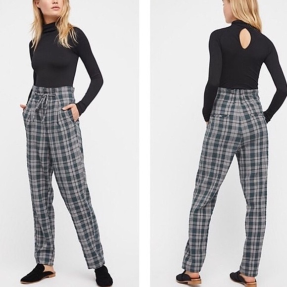 Free People Potato Sack High Rise Loose Fit Green Plaid Pant Size 2 - Picture 2 of 16